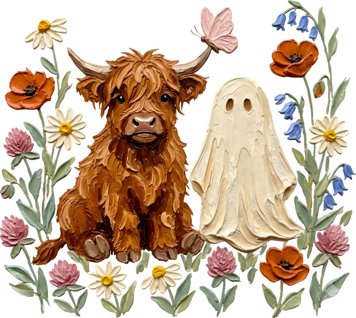 Highland Cow and Ghost with Flowers DTF Transfer