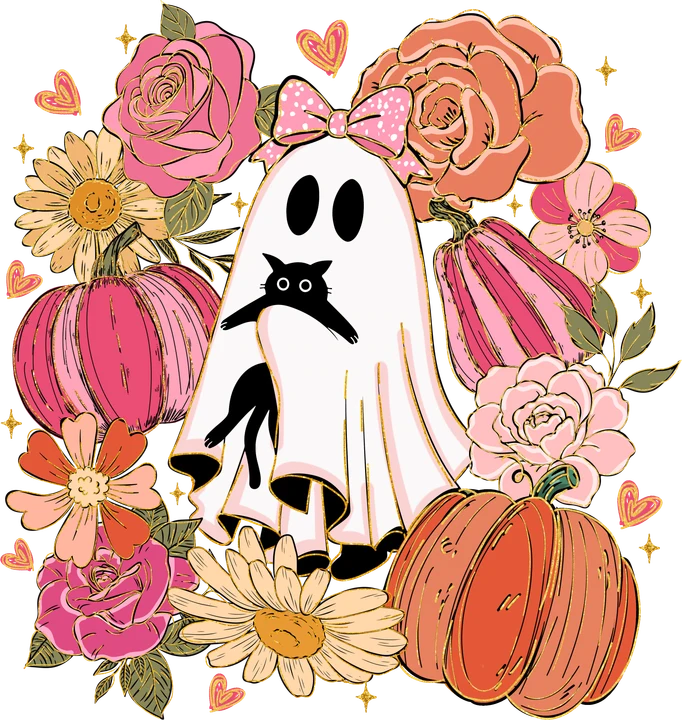 Ghost with Cat and Flowers DTF Transfer