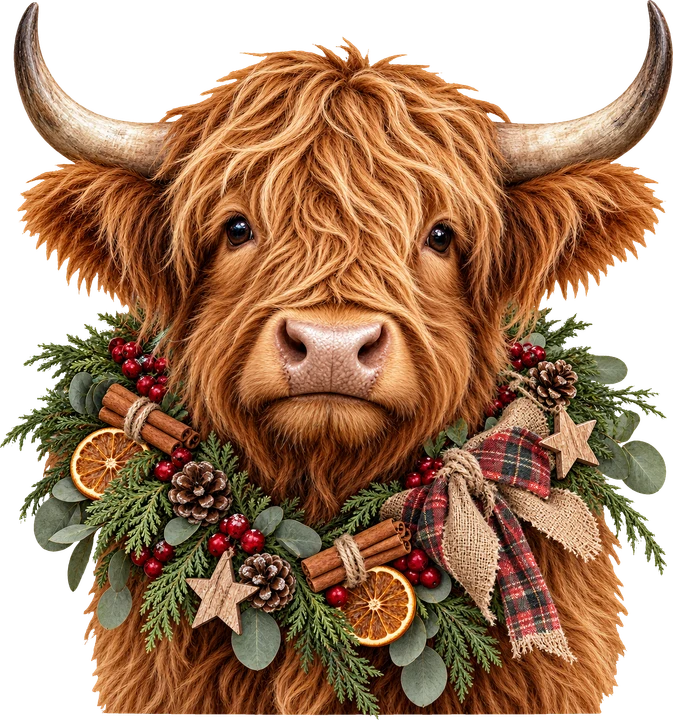 Highland Cow with Festive Wreath DTF Transfer