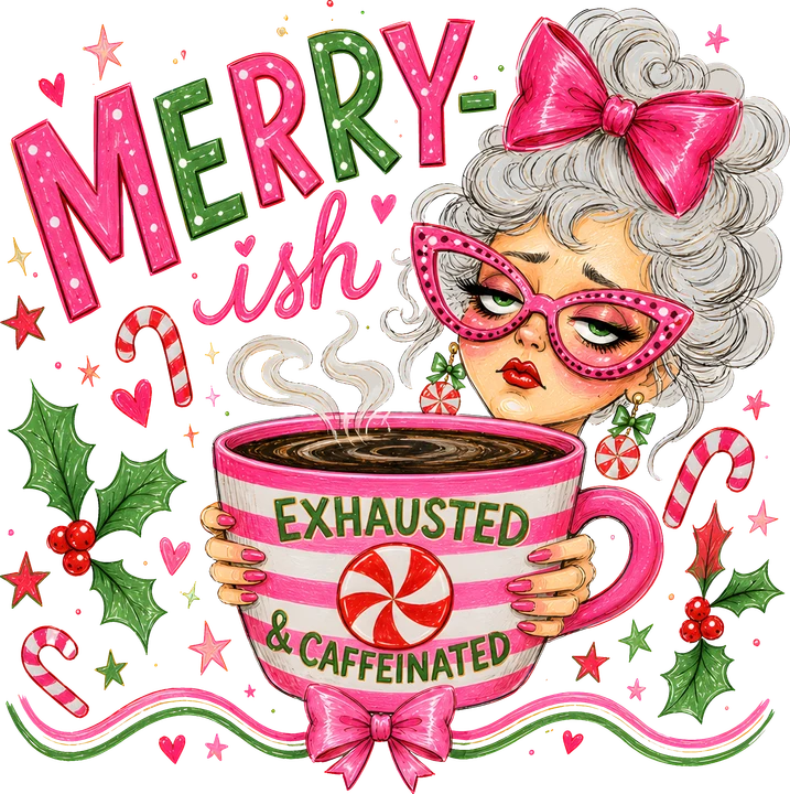 Merry-ish Exhausted & Caffeinated DTF Transfer