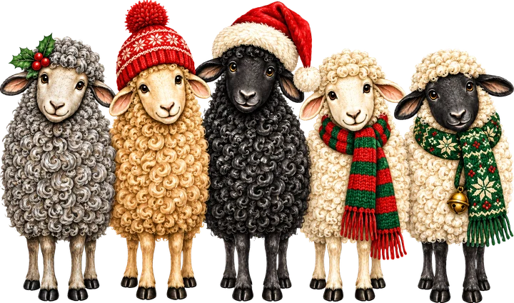 Five Festive Woolly Sheep DTF Transfer
