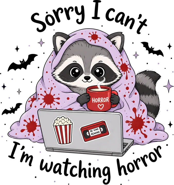 Cute Raccoon Watching Horror DTF Transfer