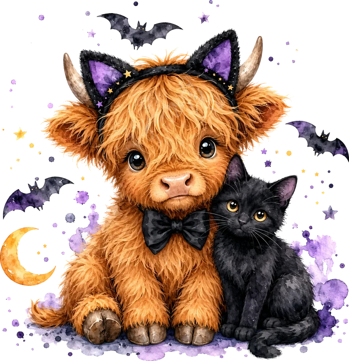 Cute Highland Cow and Black Cat DTF Transfer
