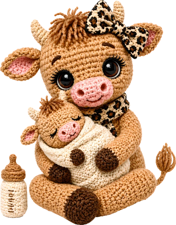 Crochet Cow Holding Baby Cow DTF Transfer