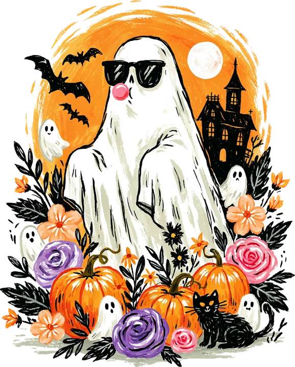 Cool Ghost with Pumpkins DTF Transfer
