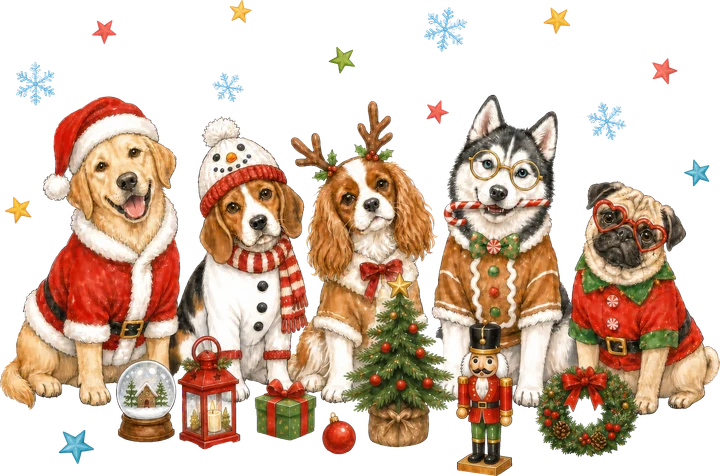 Christmas Dogs in Festive Outfits DTF Transfer
