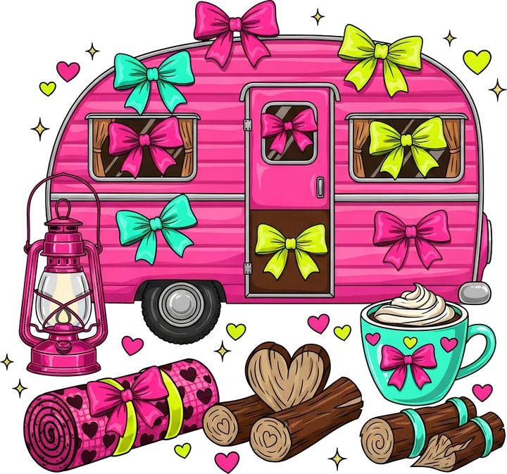 Pink Camper with Bow Decor DTF Transfer
