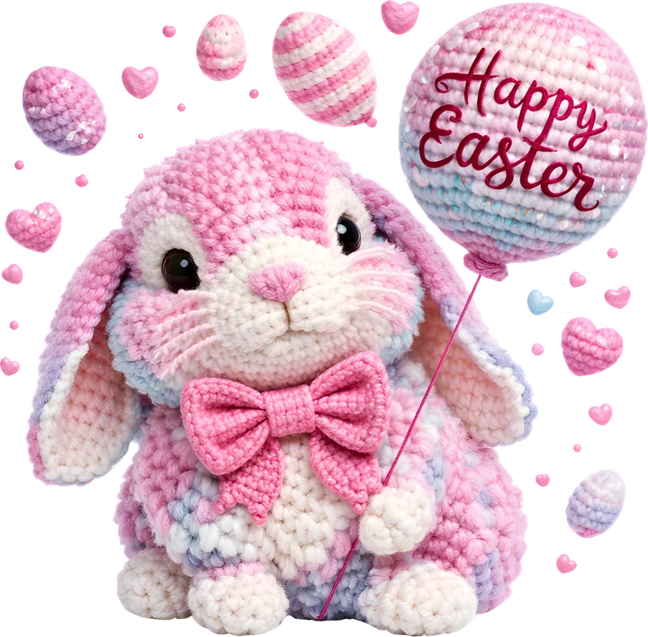 Pink Crochet Bunny with Balloon DTF Transfer