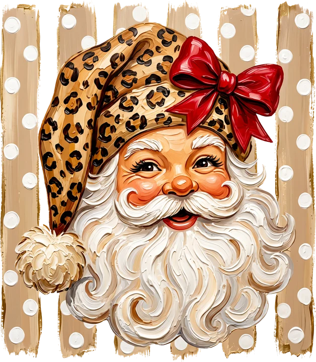 Santa Claus con un gorro de leopardo y un fondo de lunares — Transfer DTF
