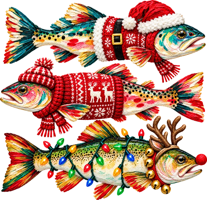 Peces festivos con atuendos navideños — Transfer DTF