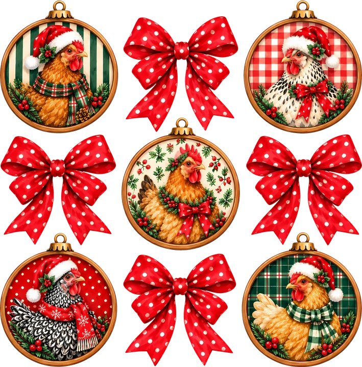 Chickens in Festive Ornaments DTF Transfer