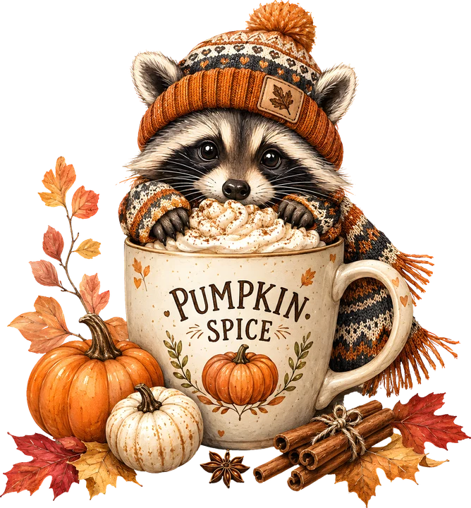 Mapache en una taza con aroma a calabaza y especias — Transfer DTF