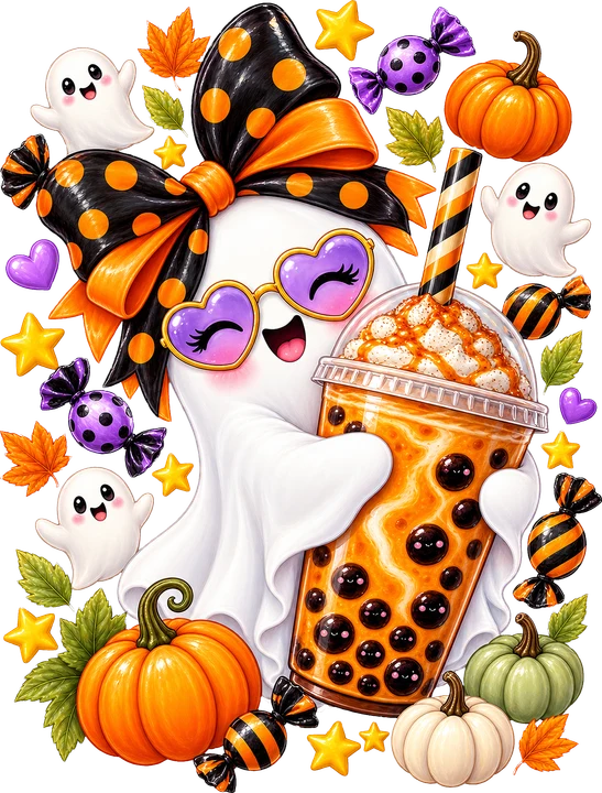 Cute Ghost with Bubble Tea DTF Transfer
