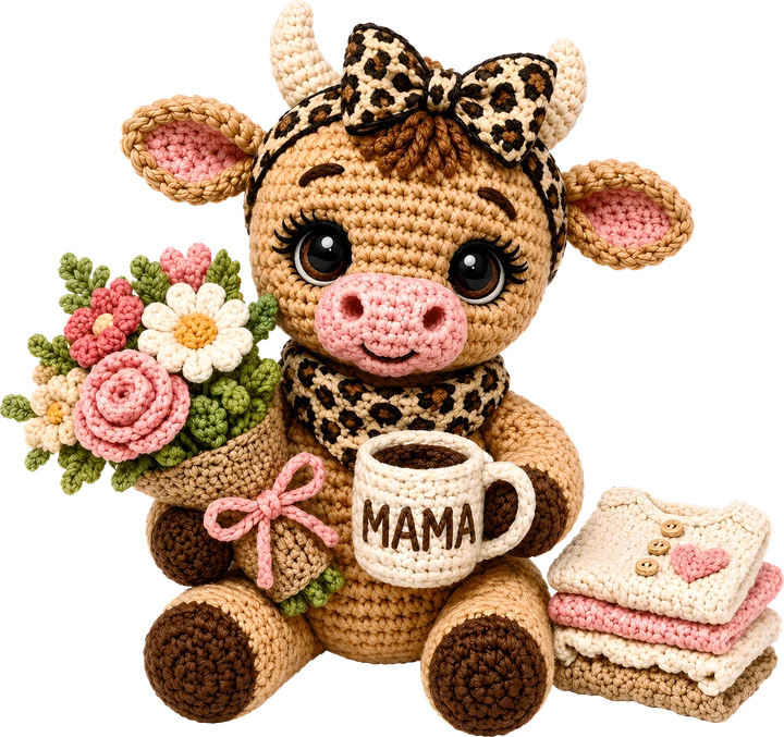 Crochet Cow with Flowers and Mug DTF Transfer
