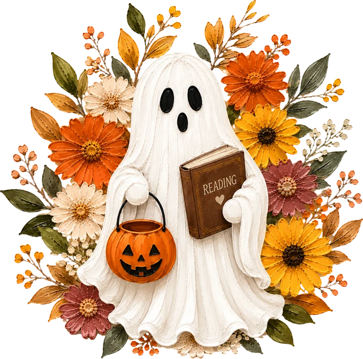 Ghost with Book and Pumpkin DTF Transfer
