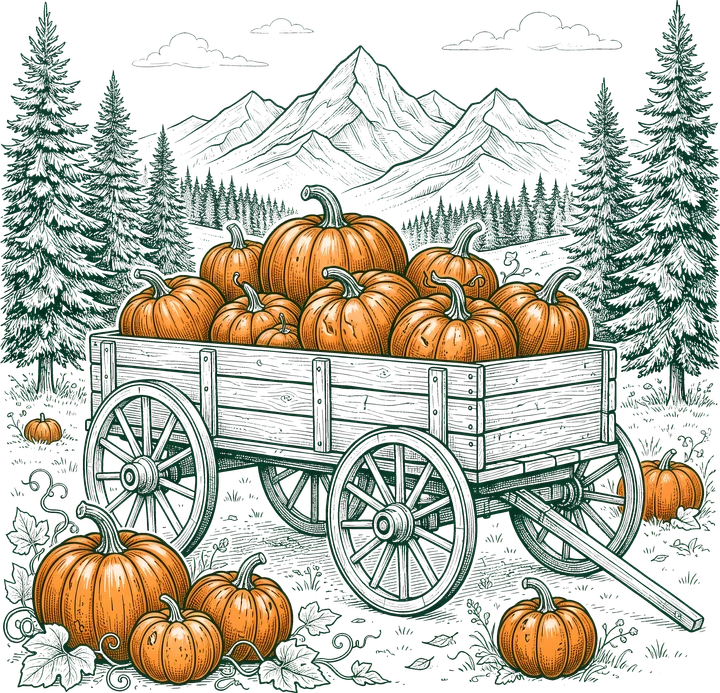 Carro de calabazas en un bosque otoñal — Transfer DTF
