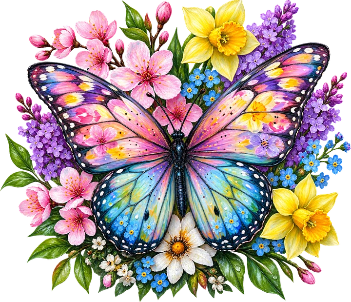 Rainbow Butterfly Among Flowers DTF Transfer