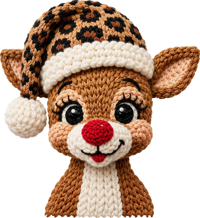 Crochet Deer in Leopard Hat DTF Transfer