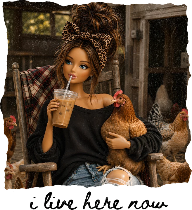 Doll with Chicken and Iced Coffee DTF Transfer