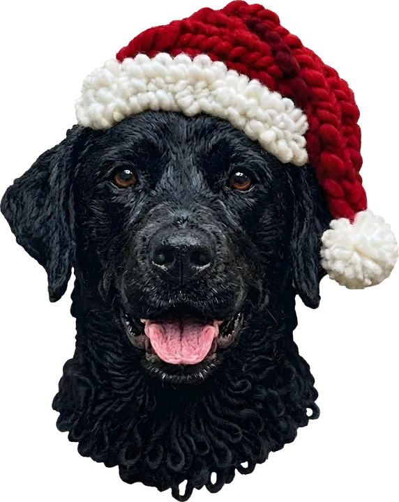 Black Dog in Crochet Santa Hat DTF Transfer