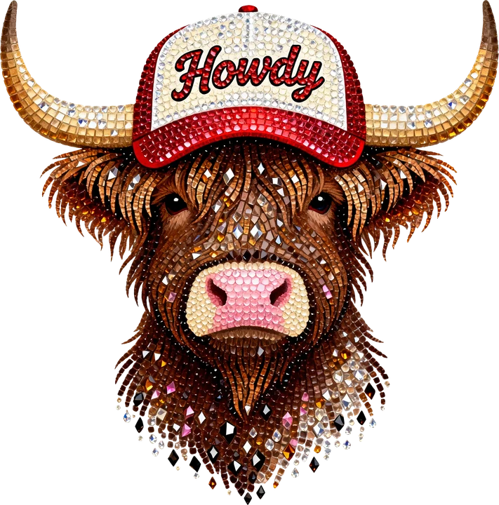 "Howdy" Baka ng Highland na may sumbrero na pinalamutian ng rhinestones — DTF Transfer
