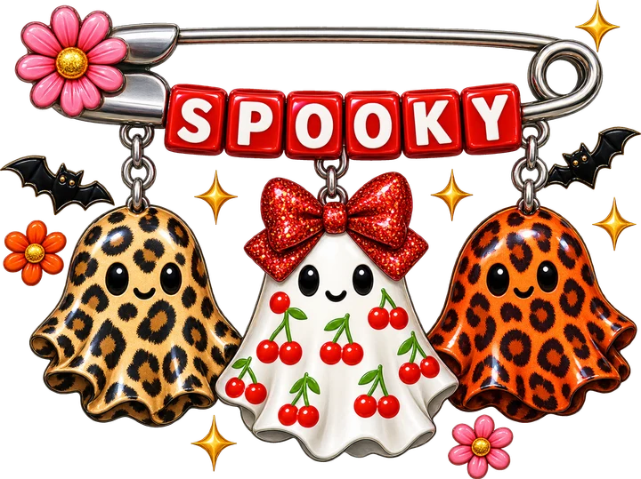 Alfiler de seguridad con la inscripción "SPOOKY" y motivos de fantasmas — Transfer DTF