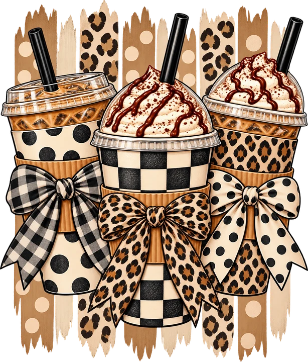 Coffee Cups with Patterned Bow DTF Transfer