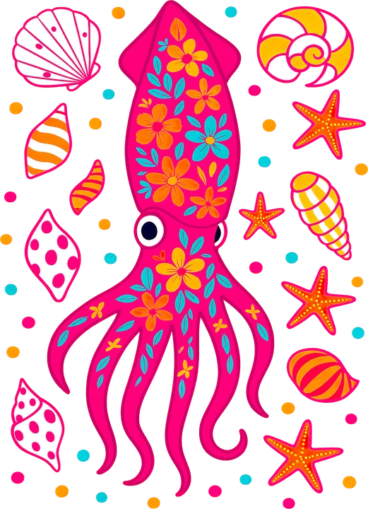 Floral Squid with Seashells DTF Transfer