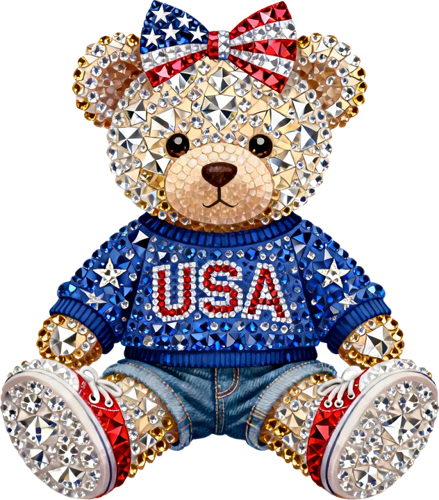 "USA" - Oso na may kasuotan na pinalamutian ng mga rhinestones — DTF Transfer