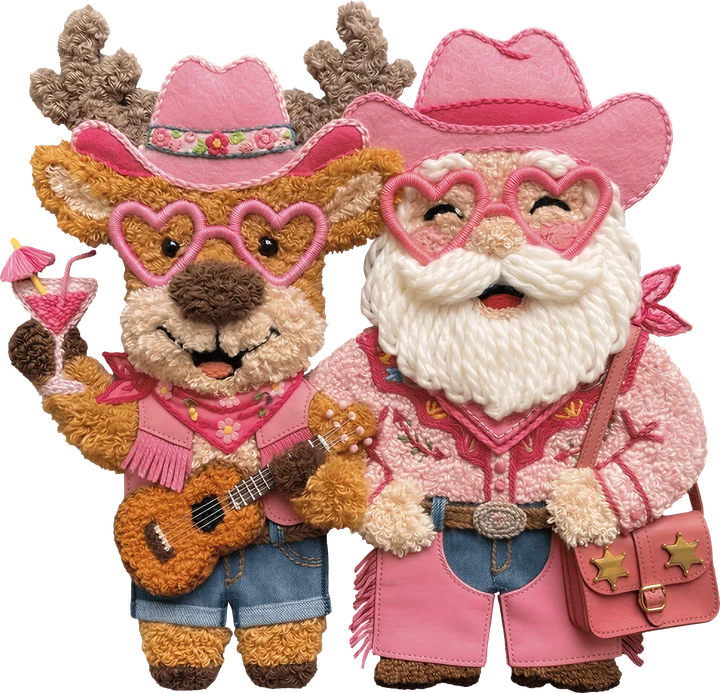 Ciervo con un traje de vaquero rosa y Santa Claus — Transfer DTF