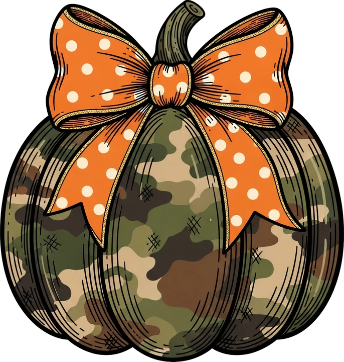 Camouflage Pumpkin with Polka Dot Bow DTF Transfer