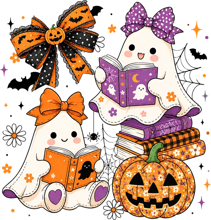 Cute Ghosts Reading Books DTF Transfer