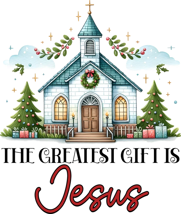 Iglesia navideña con corona — Transfer DTF