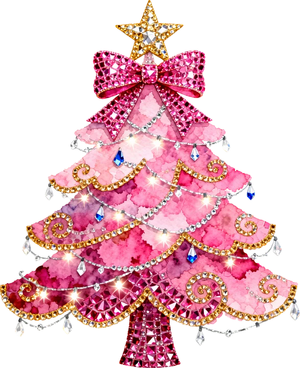 Árbol de Navidad de cristal rosa con detalles dorados — Transfer DTF