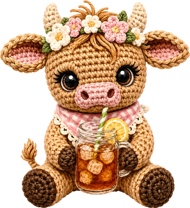 Crochet Cow with Lemonade DTF Transfer