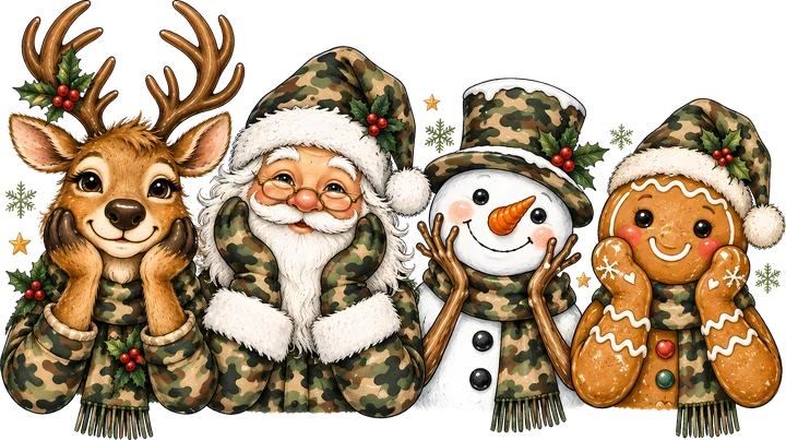 Camouflage Christmas Characters DTF Transfer