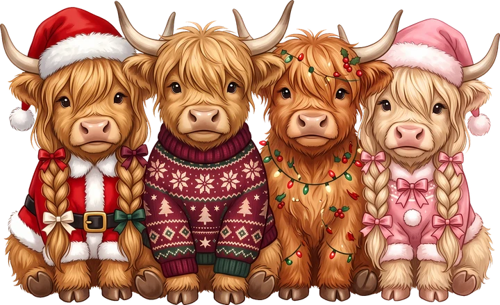 Cuatro vacas de raza Highland vestidas con atuendos festivos — Transfer DTF