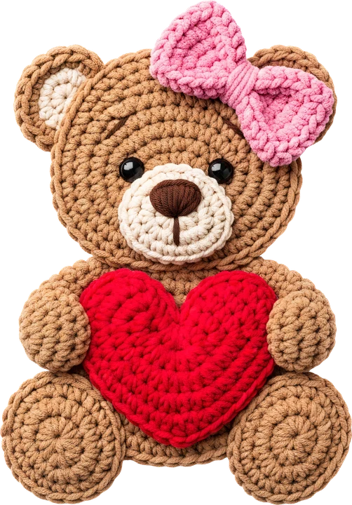 Crochet na teddy bear na may hawak na pulang puso — DTF Transfer
