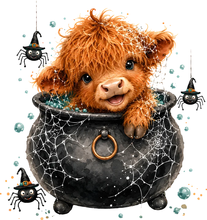 Cute Highland Cow in Cauldron DTF Transfer
