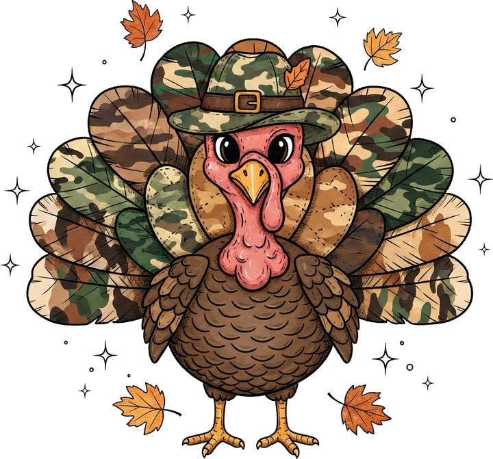 Camo Turkey with Leaves DTF Transfer