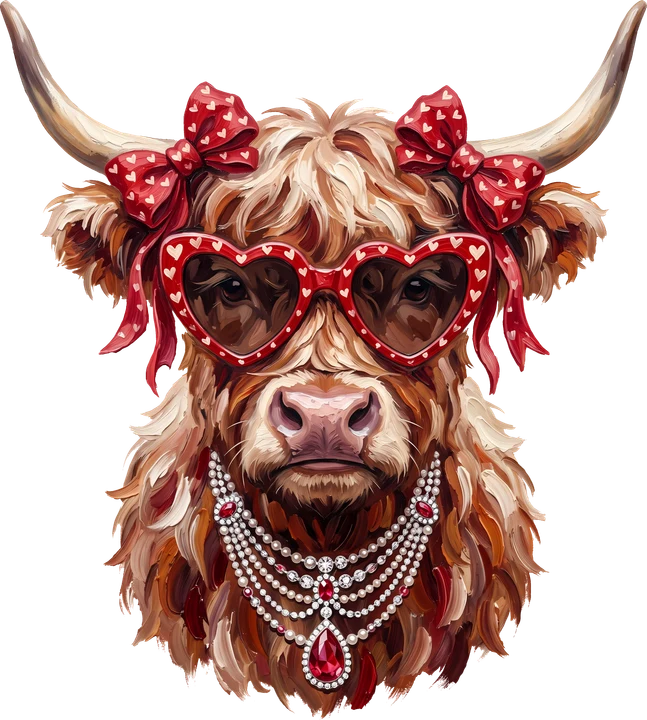 Highland Cow with Heart Accessories DTF Transfer
