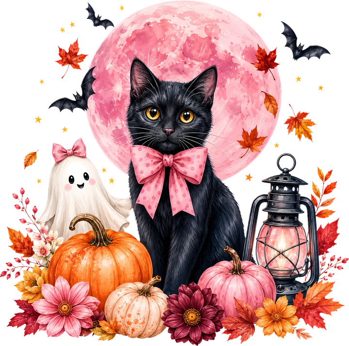 Black Cat with Ghost and Pumpkins DTF Transfer