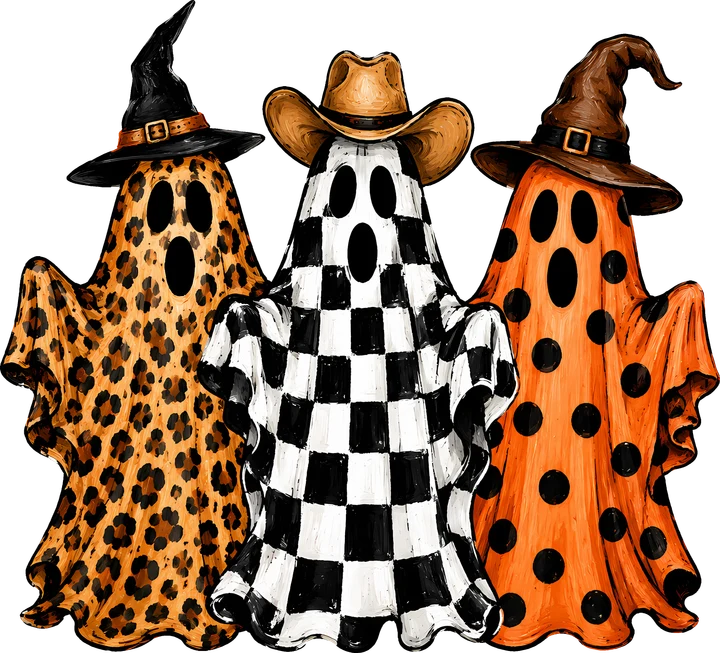 Fantasmas con estampado de leopardo, cuadros y lunares, con sombreros — Transfer DTF