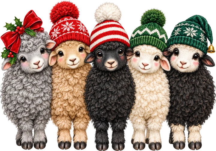 Cinco ovejas lanudas con gorros festivos — Transfer DTF