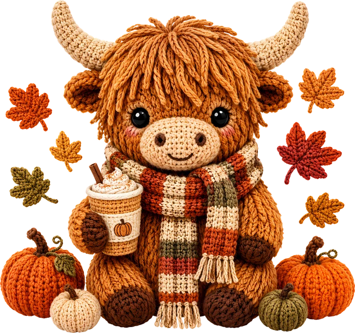 Vaca de las Tierras Altas de crochet con diseño de "Pumpkin Latte" — Transfer DTF