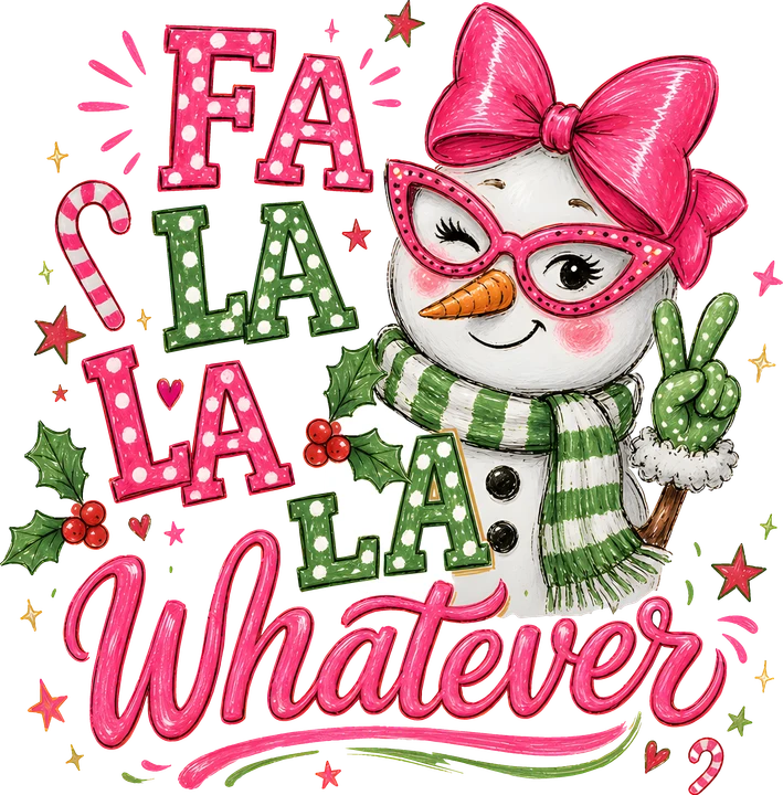 Muñeco de nieve con la etiqueta "Fa La La Whatever" — Transfer DTF