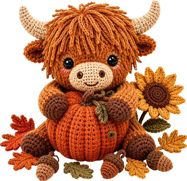 Vaca de las Tierras Altas de crochet, sosteniendo una calabaza con una flor de girasol — Transfer DTF