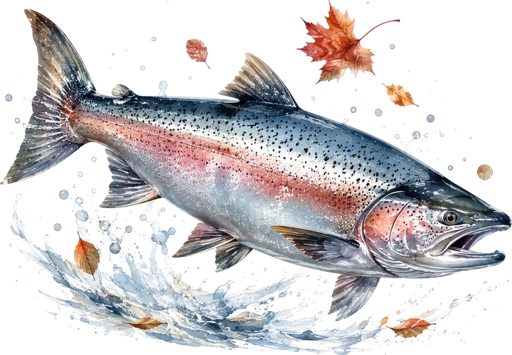 Salmon Jumping Through Autumn Leaves DTF Transfer