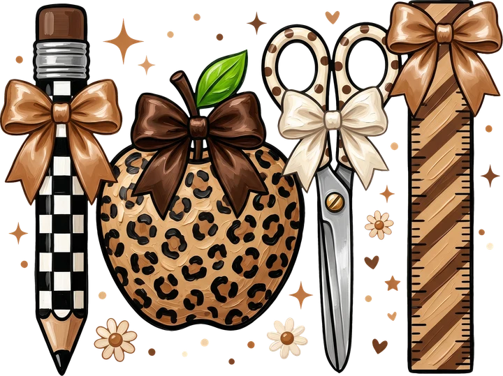 School Supplies with Leopard Print DTF Transfer