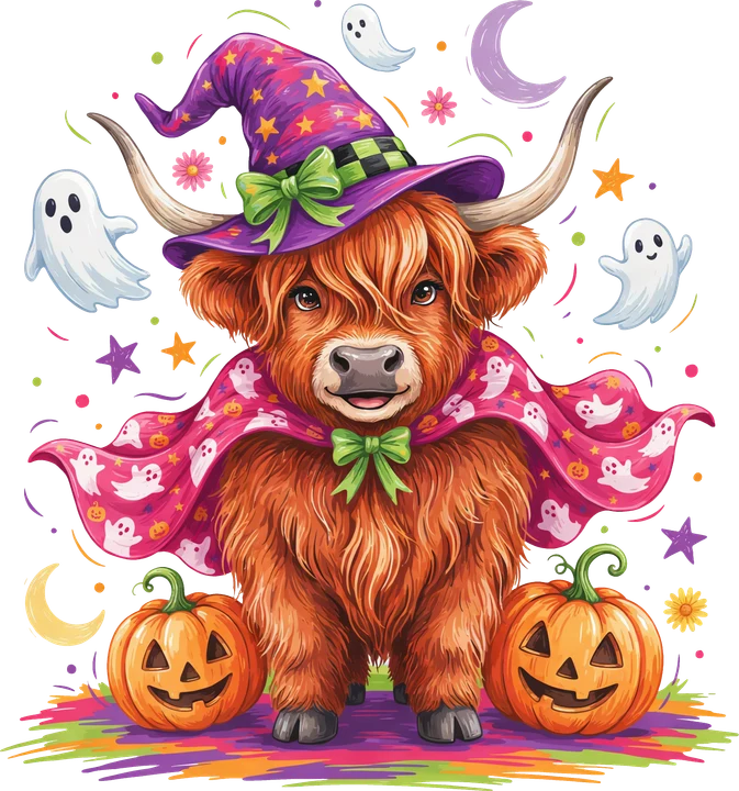 Magandang Highland Cow na may tema ng bruha — DTF Transfer
